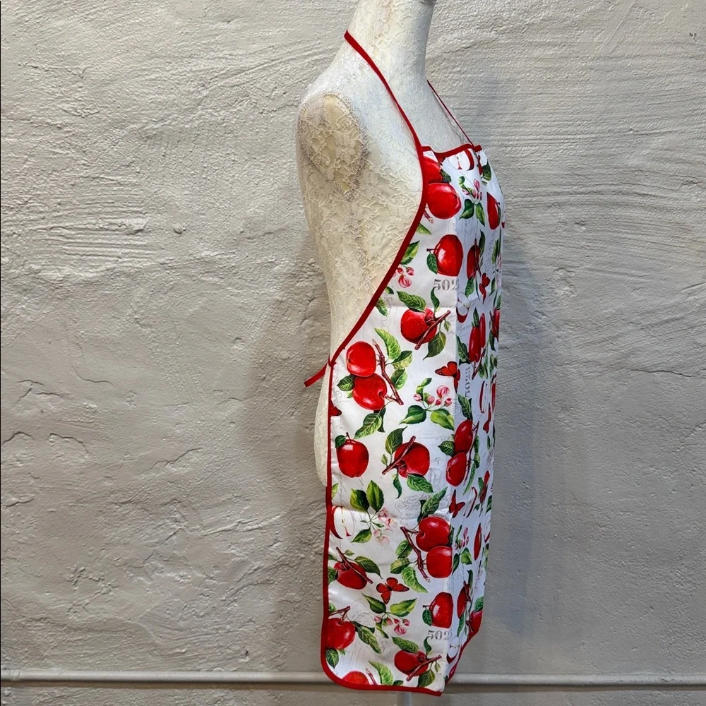 One Size Full Apron with Apples Butterflies and Garden Theme Red and White NWOT